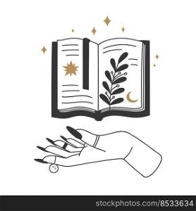 Mystic witch hands and spell book. Boho witchcraft poster. Mystery female wizard with spiritual notebook with star, moon and plant branch with leaves for esoterica. Fortune prediction vector. Mystic witch hands and spell book. Boho witchcraft poster. Mystery female wizard with spiritual notebook