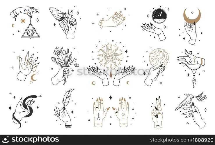 Mystic witch hands, female hand logo with esoteric elements. Magical crystals, moon, jewelry in hands. Boho witchcraft tarot card vector set. Holding bunch of flowers, insects or bird. Mystic witch hands, female hand logo with esoteric elements. Magical crystals, moon, jewelry in hands. Boho witchcraft tarot card vector set