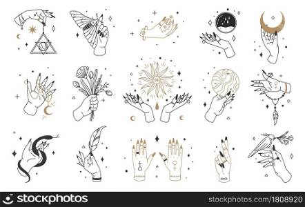 Mystic witch hands, female hand logo with esoteric elements. Magical crystals, moon, jewelry in hands. Boho witchcraft tarot card vector set. Holding bunch of flowers, insects or bird. Mystic witch hands, female hand logo with esoteric elements. Magical crystals, moon, jewelry in hands. Boho witchcraft tarot card vector set