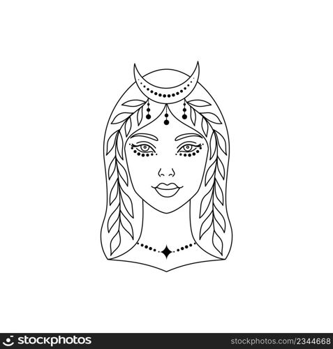 Mystic woman with crescent moon on her head. Line art vector illustration.