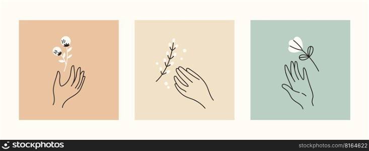 Mystical and esoteric vector cards in trendy minimal lineart style. Vector in boho style hands and mystical objects