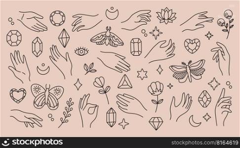 Mystical and esoteric vector set in trendy minimal lineart style. Vector in boho style hands and mystical objects
