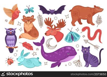 Mystical animals. Alchemy tales, animal with moon and crystal. Modern scarab or beetle, esoteric owl. Magic kids tale exact vector characters. Illustration fox and deer, animal mystery forest. Mystical animals. Alchemy tales, animal with moon and crystal. Modern scarab or beetle, esoteric owl. Magic kids tale exact vector characters