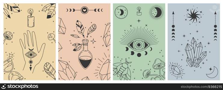 Mystical boho posters. Esoteric line prints with astrology symbols, crystals, potion, evil eye and occult hand. Tarot card vector concepts. Illustration esoteric astrology print, occult symbol. Mystical boho posters. Esoteric line prints with astrology symbols, crystals, potion, evil eye and occult hand. Tarot card vector concepts