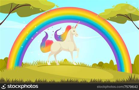 Mystical creatures flat cartoon composition of white unicorn with colorful tail and mane under rainbow vector illustration