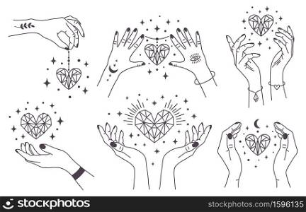 Mystical crystal hearts. Magical hands keep crystal hearts, spiritual witchcraft arms with gems. Magic esoteric hands vector illustration set. Tattooed hands with moon and eye holding diamond. Mystical crystal hearts. Magical hands keep crystal hearts, spiritual witchcraft arms with gems. Magic esoteric hands vector illustration set