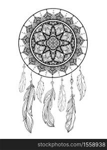 Mystical illustration of a dreamcatcher with a boho tracery pattern, feathers with beads on a white background. Vector magic tribal card for coloring pages and your creativity.. Mystical illustration of a dreamcatcher with a boho tracery pattern, feathers with beads on a white background. Vector magic tribal card f