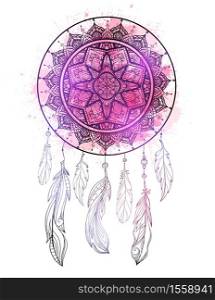 Mystical illustration of a dreamcatcher with a boho tracery pattern, feathers with purple watercolor splashes on white background. Vector magic tribal card for printing on t-shirt and your creativity.. Mystical illustration of a dreamcatcher with a boho tracery pattern, feathers with purple watercolor splashes on white background. Vector magic tribal card