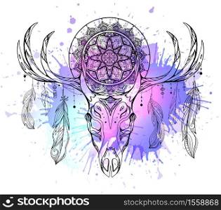 Mystical illustration of deer skull with feathers, mandala and neon watercolor stains. The object is separate from background. Vector boho image for printing on mugs, covers and your creativity.. Mystical illustration of deer skull with feathers, mandala and neon watercolor stains. The object is separate from background. Vector boho image