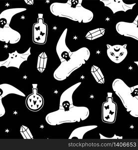 Mystical, magical seamless pattern. Hand-drawn vector background with witch hat, elixir, crystal, bat, cat.