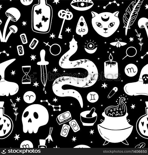Mystical, magical seamless pattern. Hand-drawn vector background with witchcraft symbols.