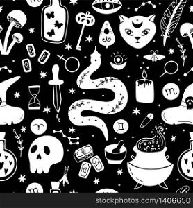Mystical, magical seamless pattern. Hand-drawn vector background with witchcraft symbols.