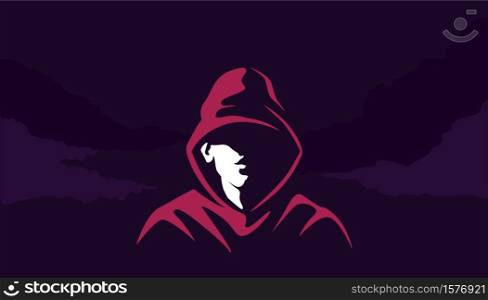 Mystical silhouette of acharacter in hoodie . Mysterious cyber hacker red sweatshirt in twilight criminal rapper with scornful smile criminal city districts and vector gangs.. Mystical silhouette of acharacter in hoodie . Mysterious cyber hacker red sweatshirt in twilight.