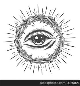 Mystical Tattoo of all seeing Eye in a Crown of Thorns isolated on white.Vector illustration.