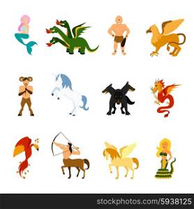 Mythical Creature Images Set. Mythical creatures and monsters from different mythologies and fairy tales flat cartoon images set isolated vector illustration