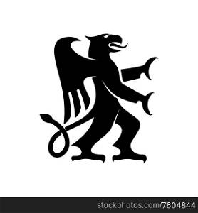 Mythical creature, isolated heraldry black griffin. Vector griffon with body, tail and paws of lion, head of eagle. Griffon with lion body, tail and paws, eagle head