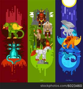 Mythical Creatures Banners Vertical. Three banners flat of mythical creatures with dungeon and lawn and full moon set vertical vector illustration