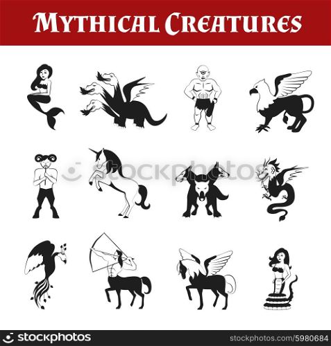 Mythical creatures black and white decorative icons set isolated vector illustration. Mythical Creatures Black And White