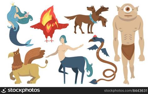 Mythical creatures characters set. Flying lion, cyclops, griffin, centaur, mermaid, Cerberus. For Greek mythology, fantasy, legend, culture, literature concept