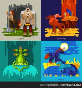 Mythical Creatures Dungeon Swamp Catacombs Magical. Four flat mythical creatures with dungeon and swamp and catacombs and magical set vector illustration