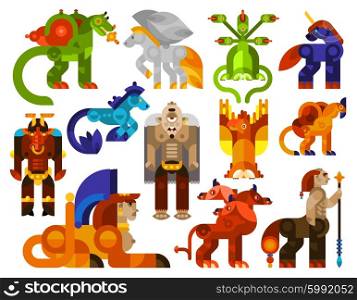 Mythical creatures icons . Mythical creatures icons set with legendary monster animals flat isolated vector illustration