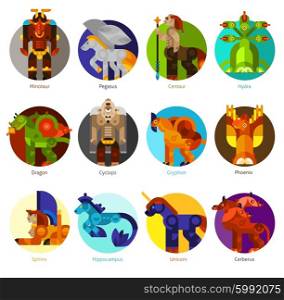 Mythical creatures icons set. Mythical creatures flat icons set with classic mythology animals isolated vector illustration