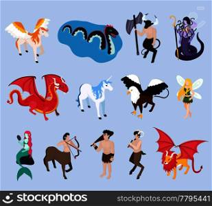 Mythical creatures isometric icons with unicorn, mermaid and fairy, pegasus and winged lion, griffin, isolated vector illustration. Mythical Creatures Isometric Icons