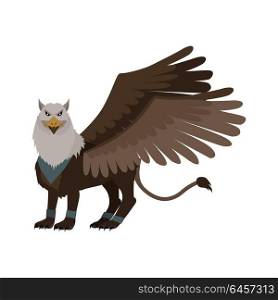 Mythical Monsters Griffin. Mythical monsters griffin. Legendary creature with the body, tail, and back legs of a lion, head and wings of an eagle. Game object in flat design isolated on white background. Vector illustration.