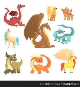 Mythological animals set for label design dragon vector image
