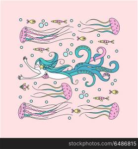Mythological creature. Sea fairy. Mermaid with octopus tentacles. Mythological creature. Sea fairy. Mermaid with octopus tentacles. Surrounded by jellyfish and fish. Vector illustration.
