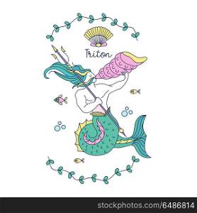 Mythological creature. Sea king Triton with the Trident, and sea. Mythological creature. Sea king Triton with the Trident, and sea shell. Vector illustration.