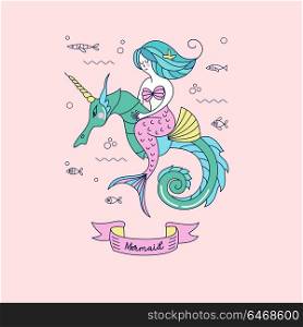 Mythological creature. The little mermaid riding a unicorn seahorse. Vector illustration.