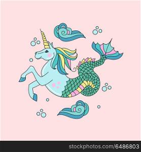Mythological creature. The sea unicorn. Horse with a horn and a . Mythological creature. The sea unicorn. Horse with a horn and a fish tail. Vector illustration.