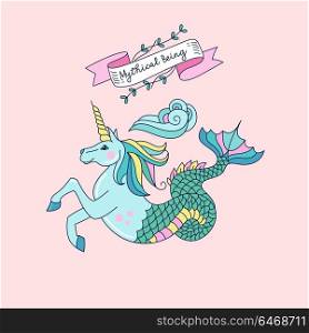 Mythological creature. Unicorn sea horse. Vector illustration.