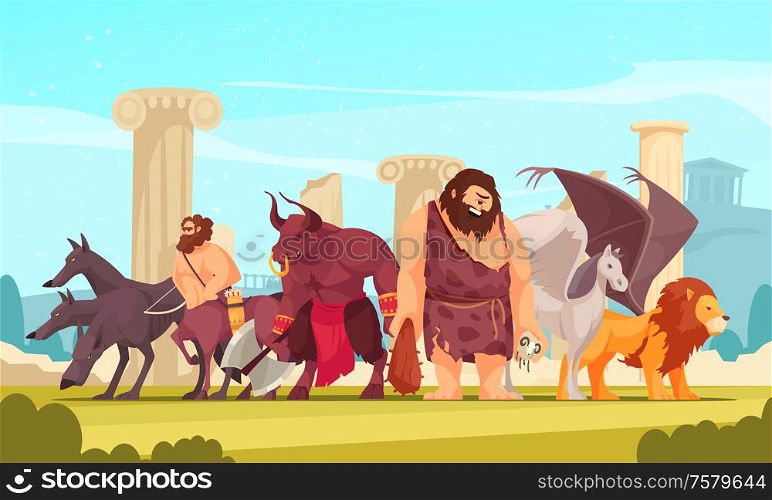 Mythological creatures among ancient greek temple ruins cartoon composition with cyclopes minotaur centaur winged lion vector illustration