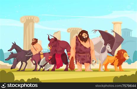 Mythological creatures among ancient greek temple ruins cartoon composition with cyclopes minotaur centaur winged lion vector illustration