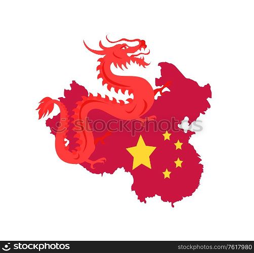 Mythological dragon creature vector, map of China with traditional flag made up of stars. Patriotic representation of Eastern Oriental country flat style. China Map with Borders and Flag, Dragon Creature