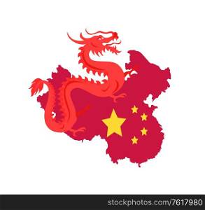 Mythological dragon creature vector, map of China with traditional flag made up of stars. Patriotic representation of Eastern Oriental country flat style. China Map with Borders and Flag, Dragon Creature