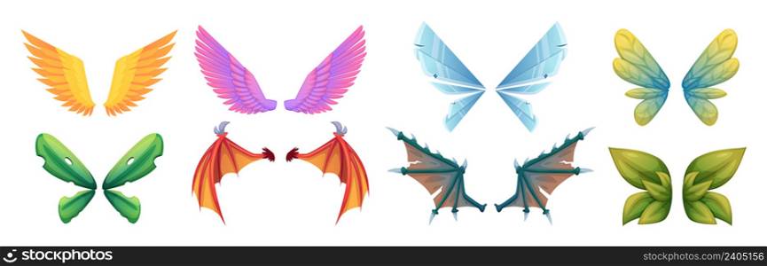 Mythology wings. Fantasy flying creatures monsters medieval fairy tale dragons or birds body parts colored wings exact vector cartoon collection. Fantasy mythology, creature dragon wings illustration. Mythology wings. Fantasy flying creatures monsters medieval fairy tale dragons or birds body parts big colored wings exact vector cartoon collection