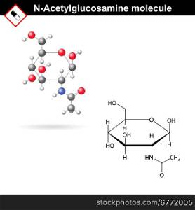 N-Acetylglucosamine NAG molecule and model - component of hyaluronic acid and chitin, structural chemical formulas, 2d vector, isolated on white background, eps 8