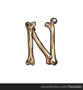 N capital consonant letter isolated sketch, ABC character of bones. Vector Halloween typography font. Letter N isolated Halloween typography font
