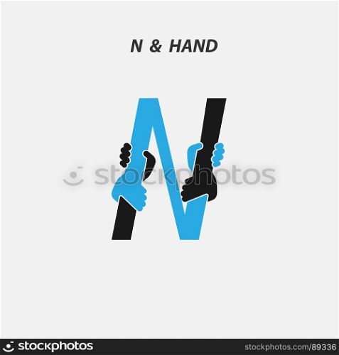 N - Letter abstract icon & hands logo design vector template.Itaic style.Business offer,partnership symbol.Hope,help concept.Support,teamwork sign.Corporate business & education logotype symbol.Vector illustration