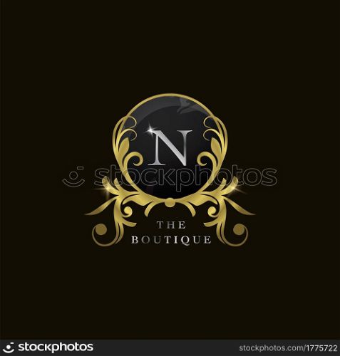 N Letter Golden Circle Shield Luxury Boutique Logo, vector design concept for initial, luxury business, hotel, wedding service, boutique, decoration and more brands.