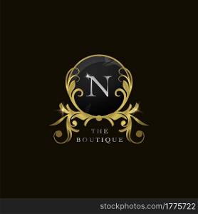 N Letter Golden Circle Shield Luxury Boutique Logo, vector design concept for initial, luxury business, hotel, wedding service, boutique, decoration and more brands.