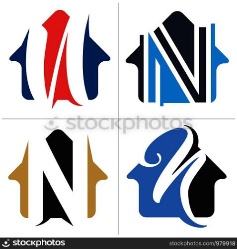 N letter logo design. Letter n in house shape vector illustration.