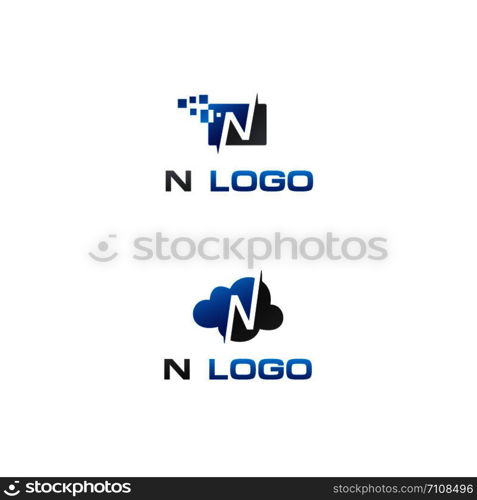 N letter logo design. N in cloud and technology pixels vector illustration.