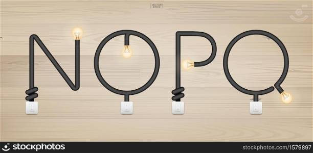 N,O,P,Q - Set of loft alphabet letters. Abstract alphabet of light bulb and light switch on wood background. Vector illustration.