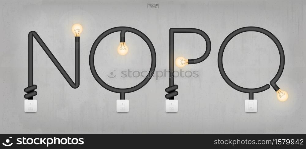 N,O,P,Q - Set of loft alphabet letters. Abstract alphabet of light bulb and light switch on concrete wall background. Vector illustration.