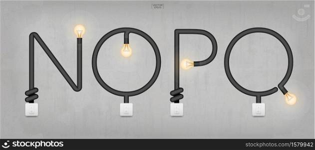 N,O,P,Q - Set of loft alphabet letters. Abstract alphabet of light bulb and light switch on concrete wall background. Vector illustration.