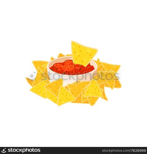 Nachos and chili pepper salsa vector isolated icon. Mexico nachos chips fast food snack. Mexican nachos chips and chili salsa food